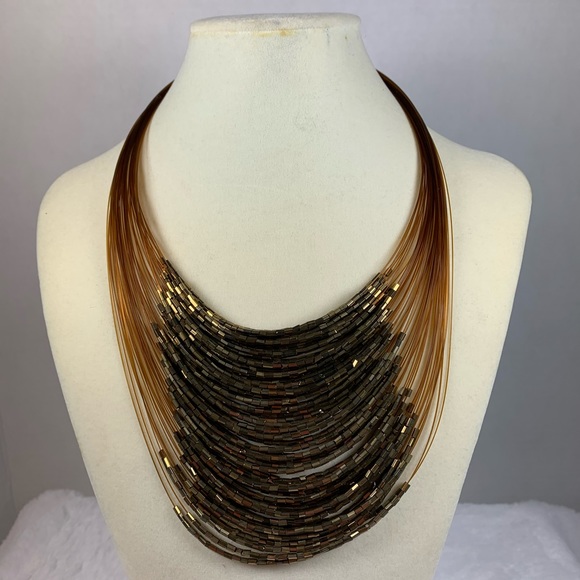 Statement Necklace Copper/Brown Filament and Beads - Picture 1 of 3